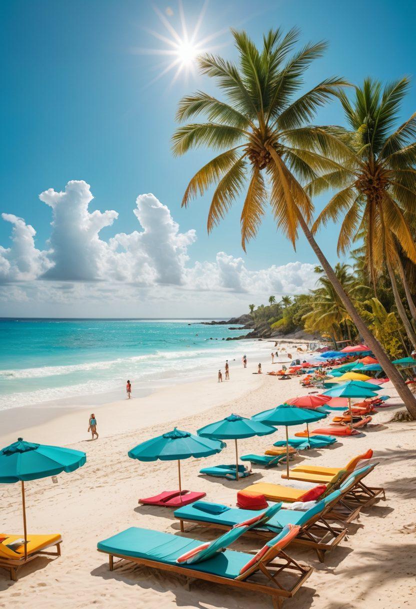 A vibrant beach scene showcasing a diverse group of people enjoying a sunny day in stylish resort wear, featuring colorful swimsuits, hats, and sunglasses. Include a backdrop of palm trees, crystal-clear water, and a luxurious resort in the distance, scattered beach towels, and beach umbrellas to enhance the vacation atmosphere. super-realistic. vibrant colors. sunny backdrop.