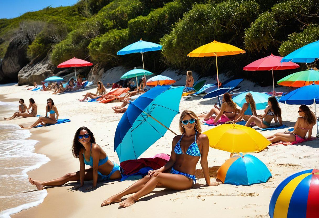 A sun-soaked beach scene featuring diverse models wearing the latest bikini trends and vibrant tropical swimwear styles. Include colorful beach umbrellas, ocean waves crashing, and playful beach accessories like sunglasses and beach balls. The atmosphere should feel warm and inviting, emphasizing summer fun and relaxation. Capture the essence of a trendy tropical getaway. super-realistic. vibrant colors. bright blue ocean background.